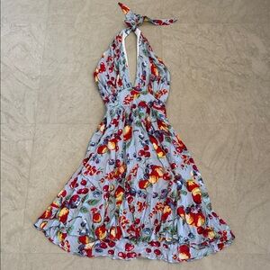 Elegant Backless Floral Dress in Blue and Red